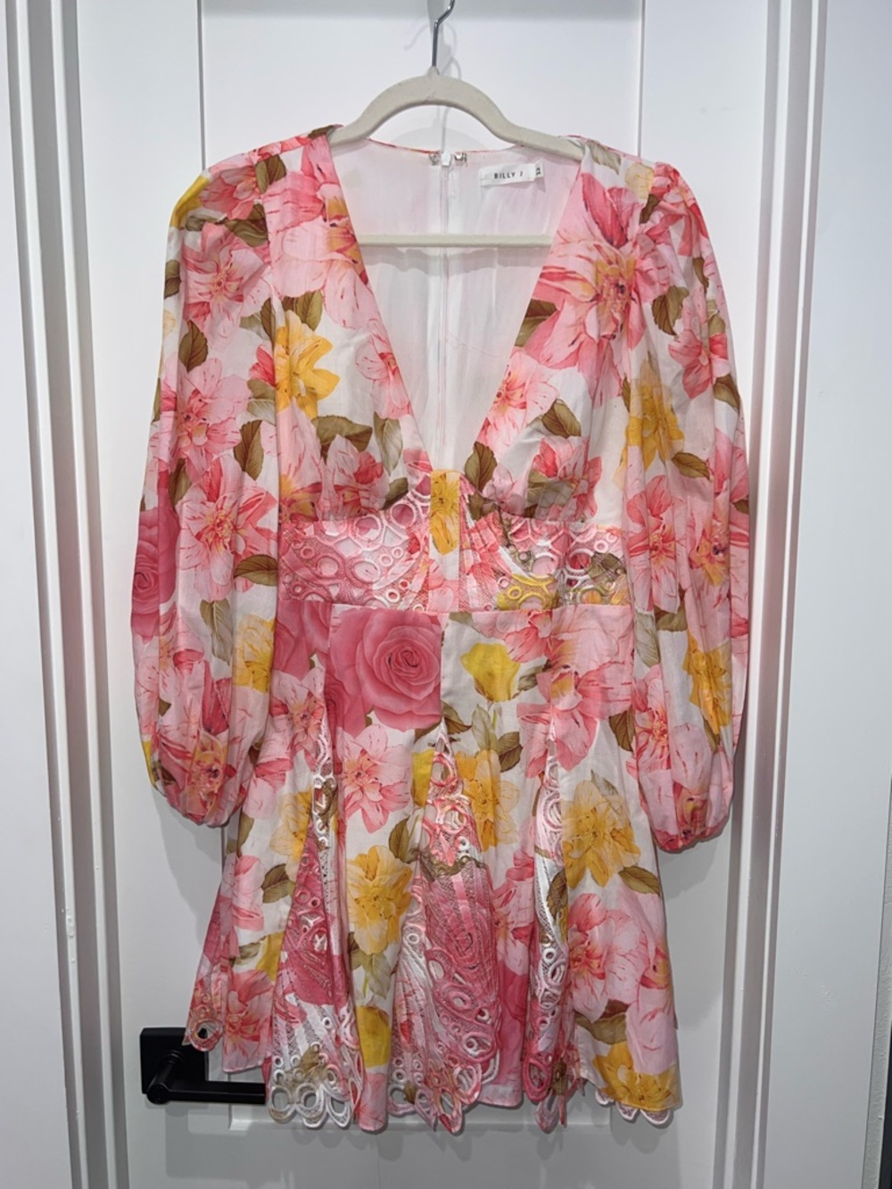 Sheer Floral V-Neck Lace Waist Mini Dress - Pink & Yellow
